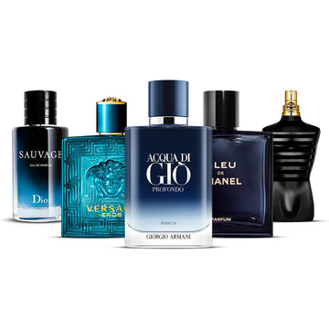 Combinación de 5 fragancias masculinas – Sauvage, Versace, Acqua di Giò, Chanel y JPG